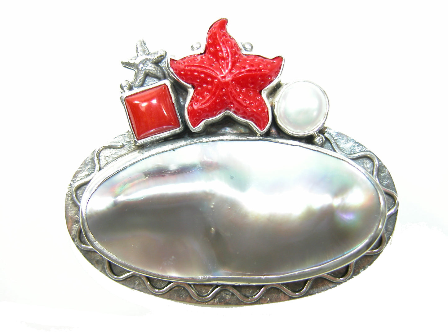 Pearl Coral Red Starfish Sterling Silver Pin Pendant
