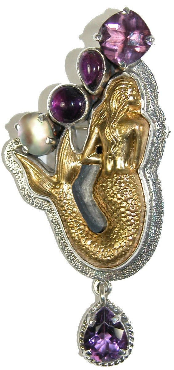 Brass Mermaid Amethyst Sterling Silver Pin Pendant