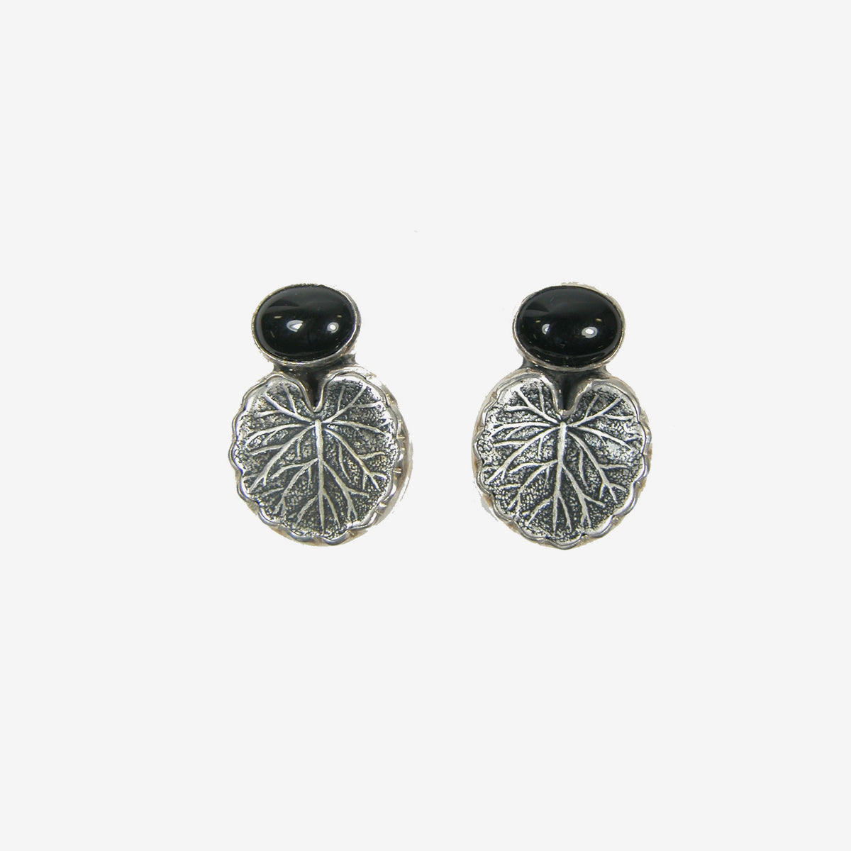 29567B Black Onyx Lotus Leaf Sterling Silver Earrings