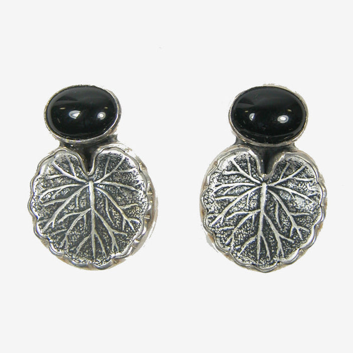 29567B Black Onyx Lotus Leaf Sterling Silver Earrings