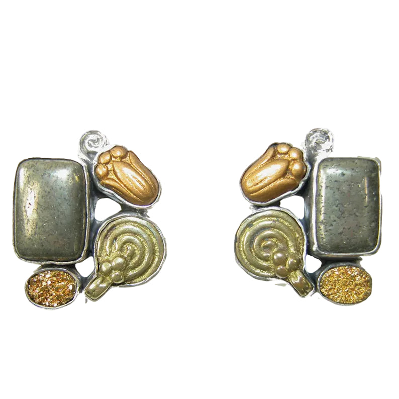 29591 Pyrite, Gold Clad Agate Druzy, Czech Glass Sterling Silver Earrings