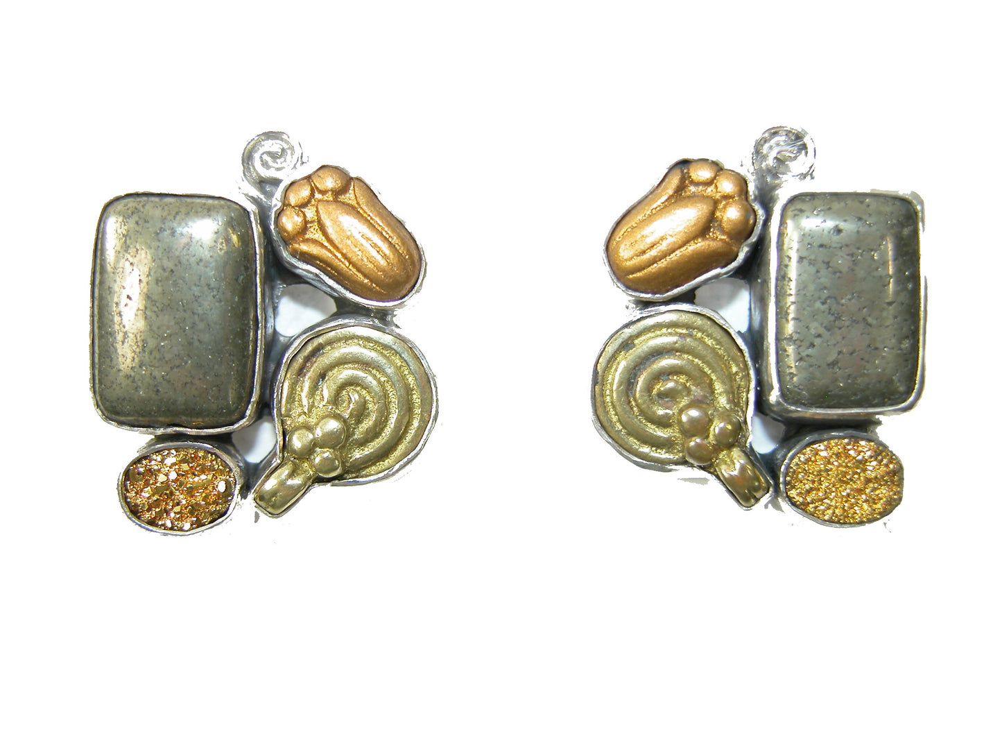 Pyrite Gold Clad Agate Drusy Sterling Silver Cluster Earrings