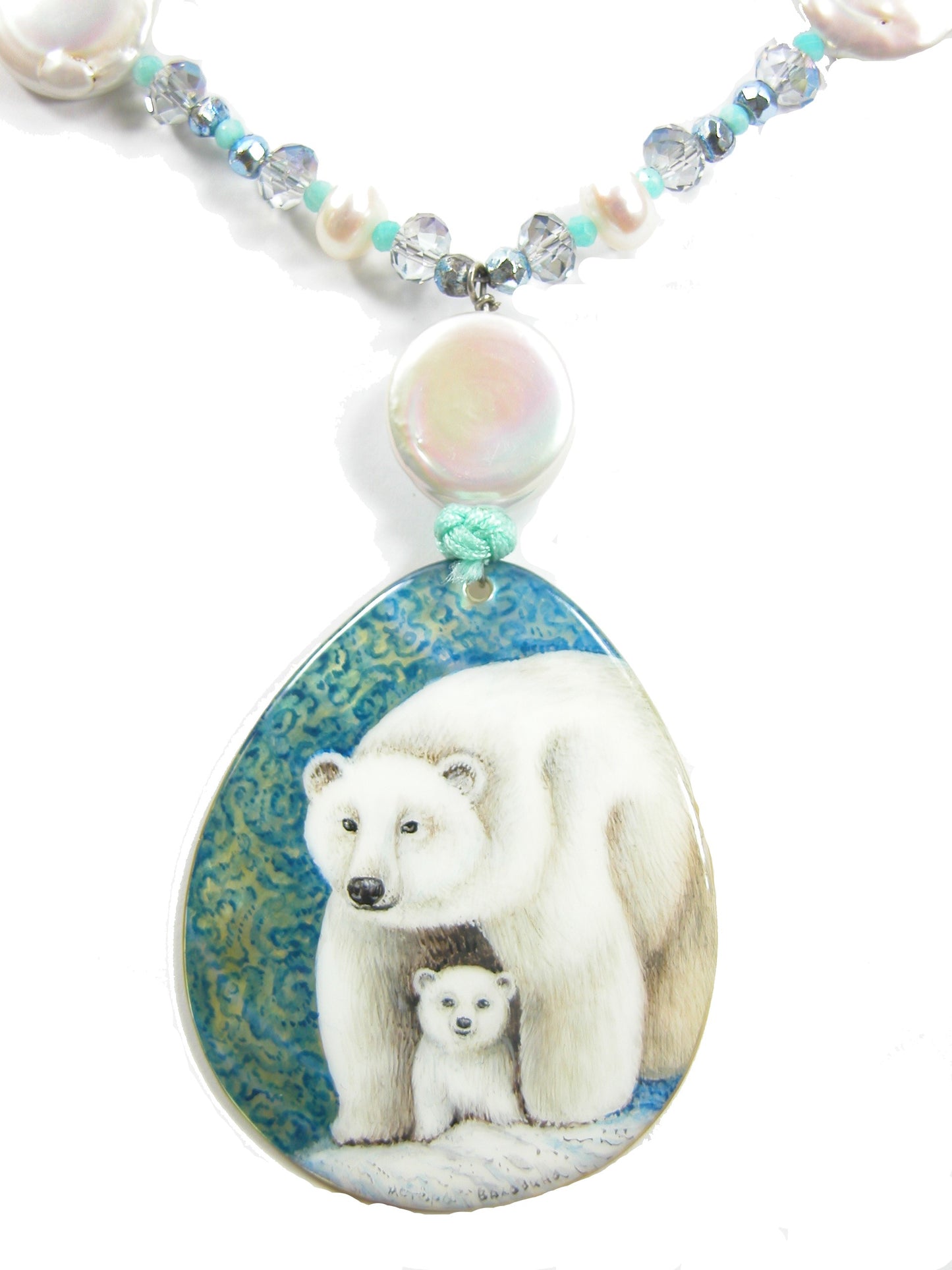 Hand Painted Polar Bear Mother of Pearl Pendant Crystal Necklace