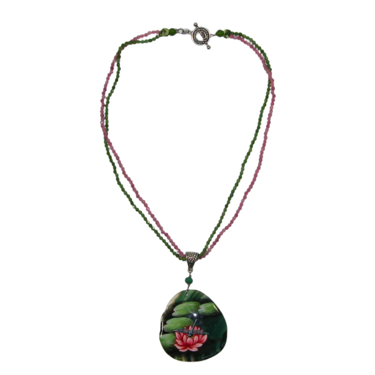 Hand Painted Lotus Two Strand Rhodochrosite, Chrome Diopside Beaded Sterling Silver Necklace