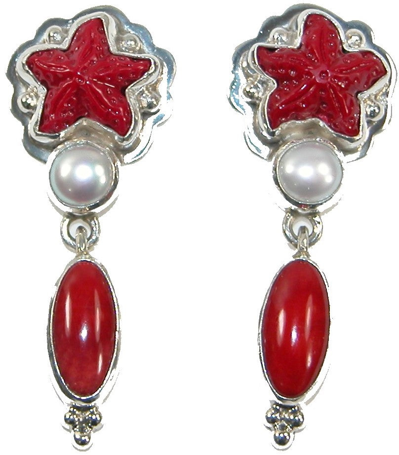 29664 Freshwater Pearl Coral Star Fish Sterling Silver Earrings