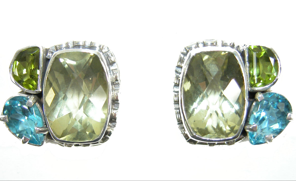 29709 Lemon Citrine, Blue Topaz, Peridot Cluster Sterling Silver Earring