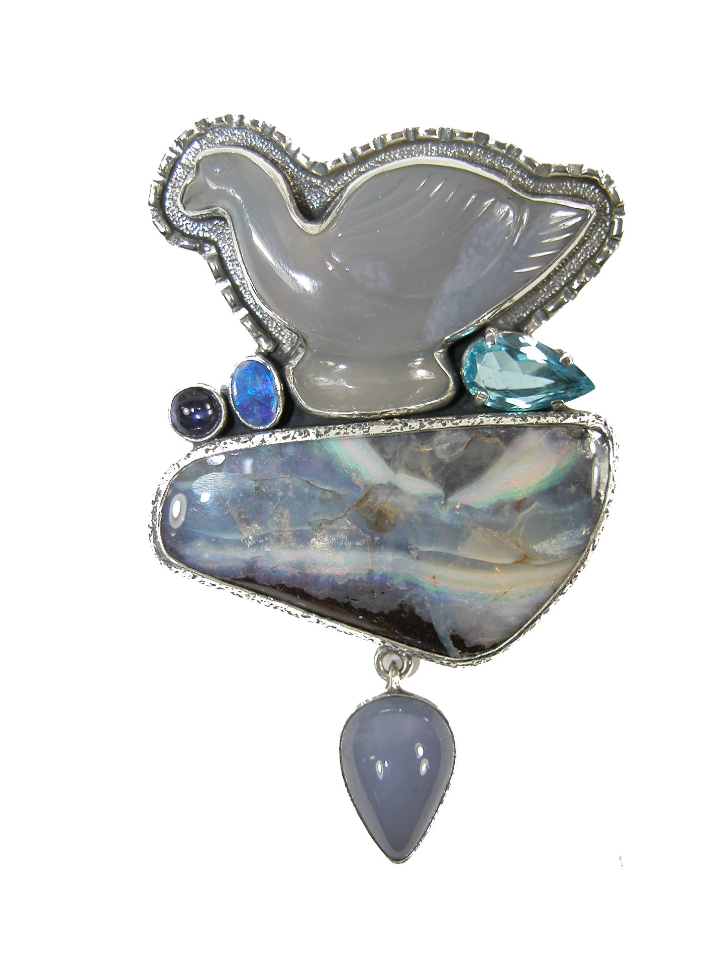 29727 Boulder Opal, Chalcedony Animal Sterling Silver Pin and Pendant