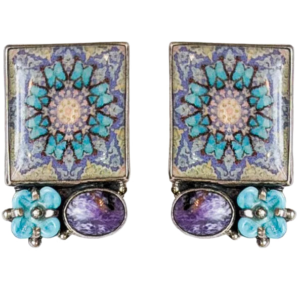 29773A Handmade Tile, Czech Glass Flower, Charoite Earrings