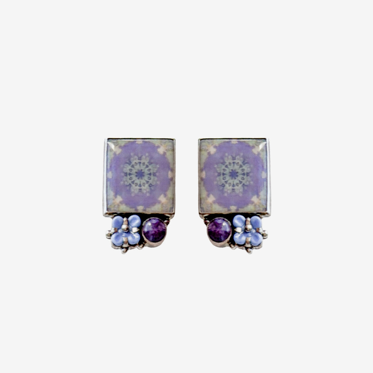 29773B Handmade Tile, Czech Glass Flower, Charoite Earrings