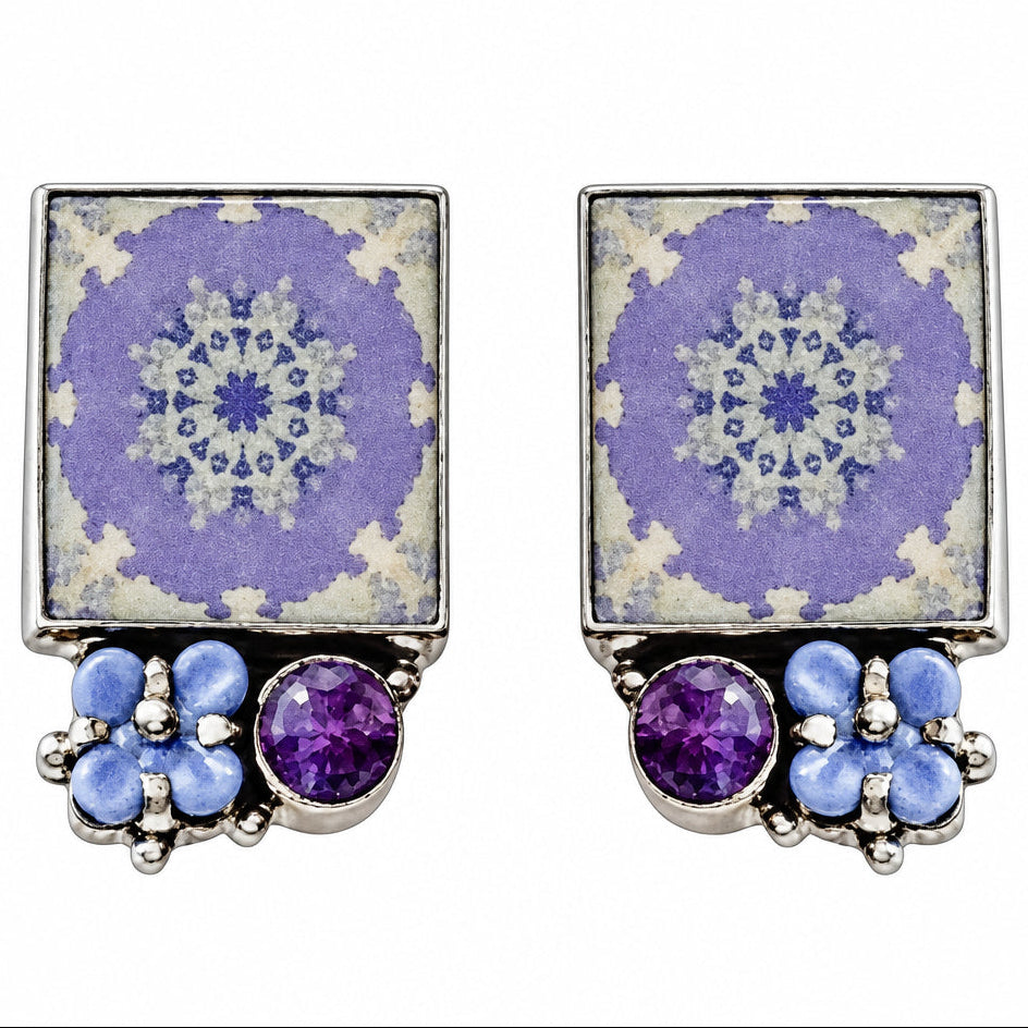 29773B Handmade Tile, Czech Glass Flower, Charoite Earrings