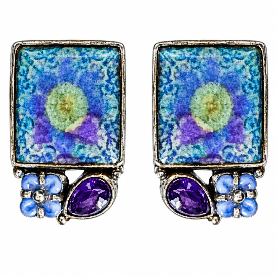 29773D Handmade Tile, Czech Glass Flower, Amethyst Earrings