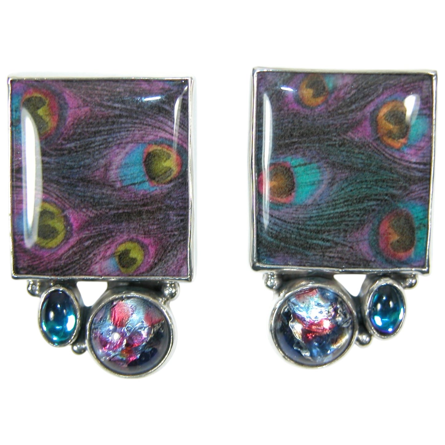 29773 Handmade Peacock Tile Dichroic Glass Sterling Silver Earrings