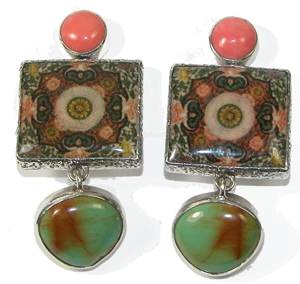 Handmade Tile Turquoise Dangle Sterling Silver Earring