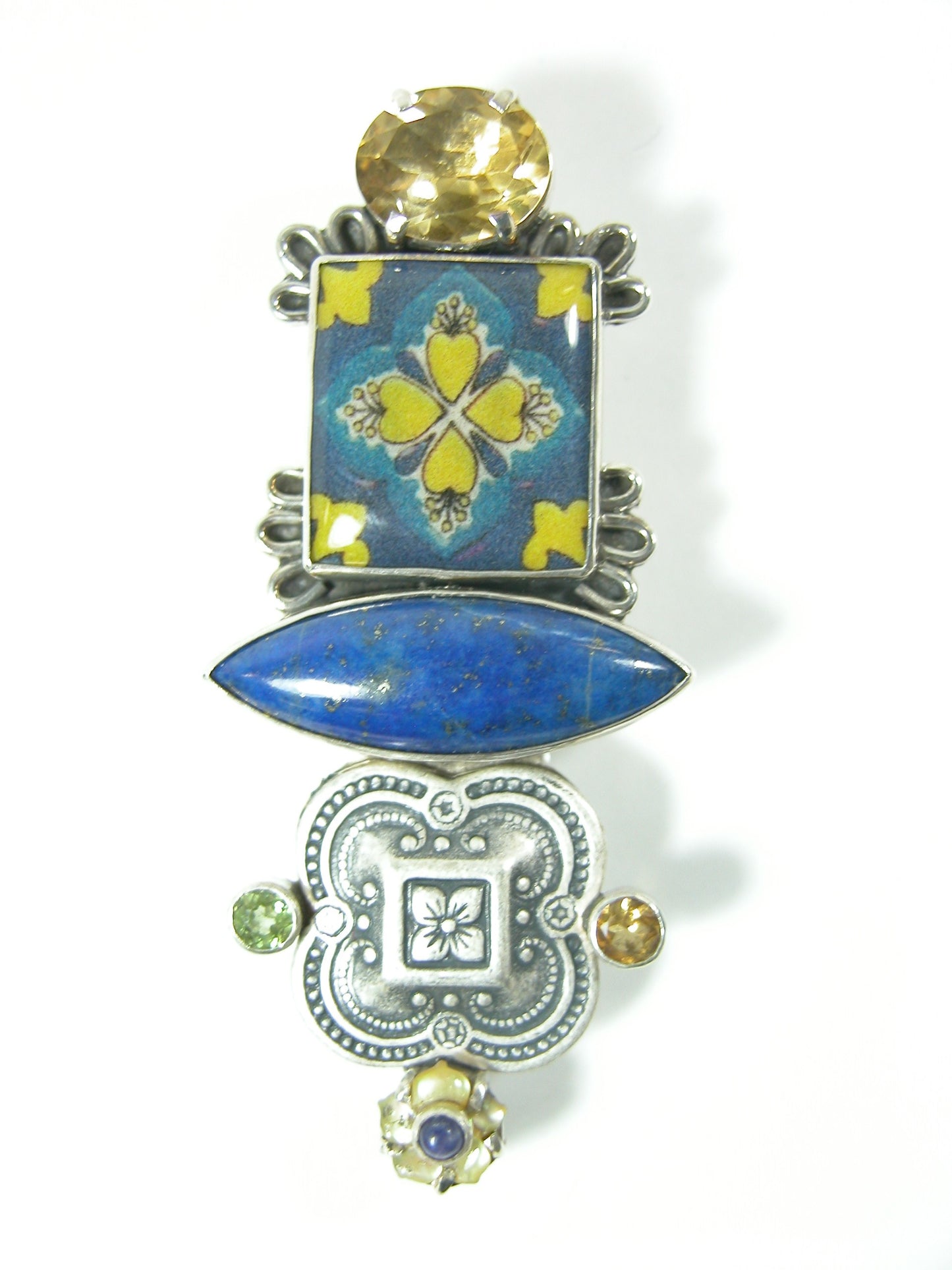 Handmade Tile with Lapis Citrine Pin Pendant