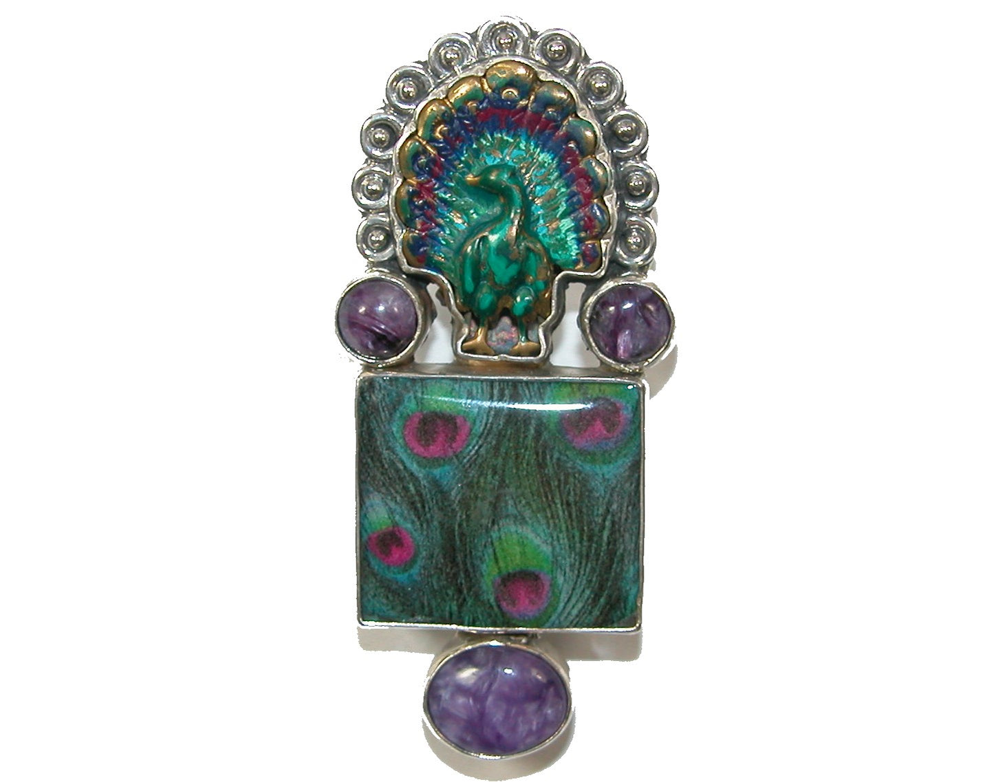 29811A Hand Enameled Peacock Sterling Silver Pin and Pendant