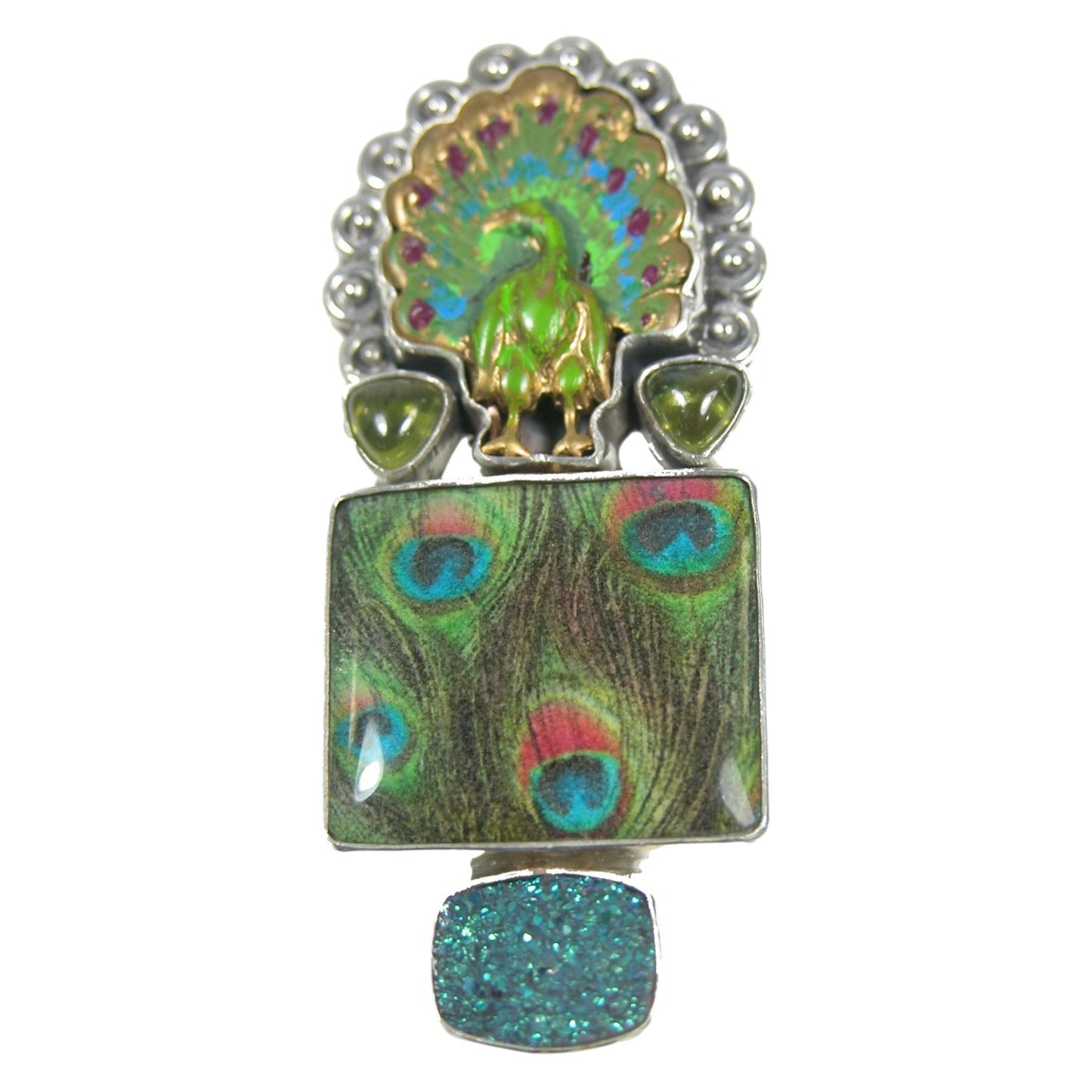 29811 Hand Enameled Peacock Sterling Silver Pin and Pendant