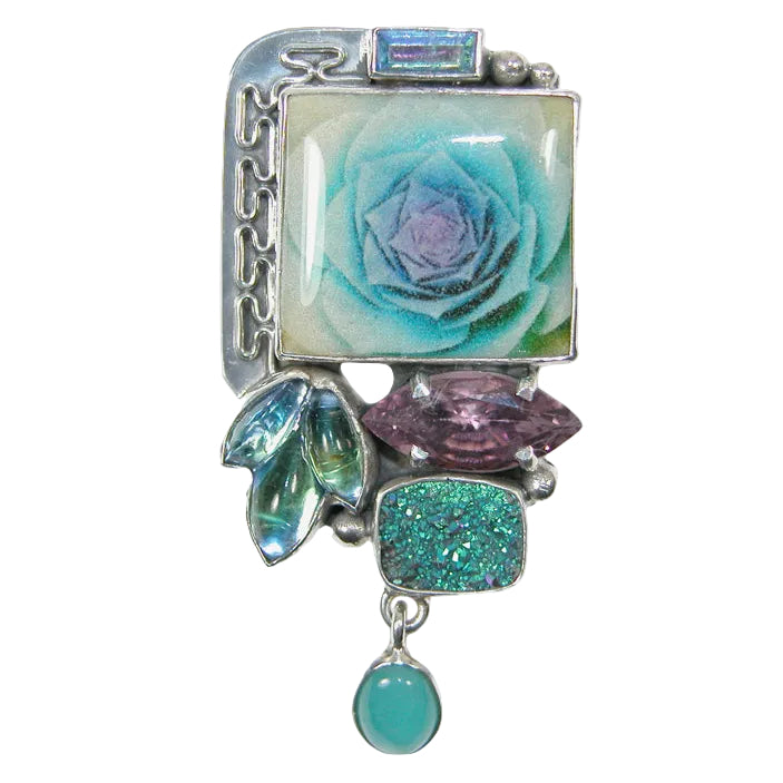 29829 Hand Made Tile, Celestial Quartz, Turquoise, Amethyst, Drusy, Sterling Silver Pin and Pendant