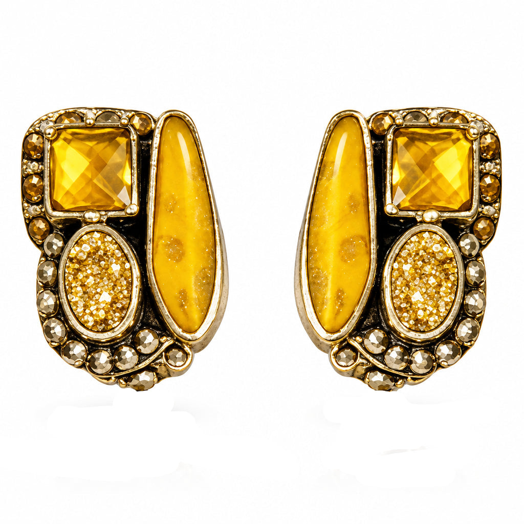 29845 Gold Clad Druzy, Celestial Quartz, Czech Glass Cluster Sterling Silver Earrings