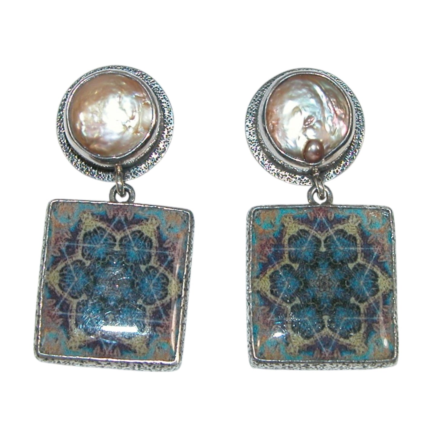 29863 Hand Made Tile Freshwater Pearl Sterling Silver Earrings
