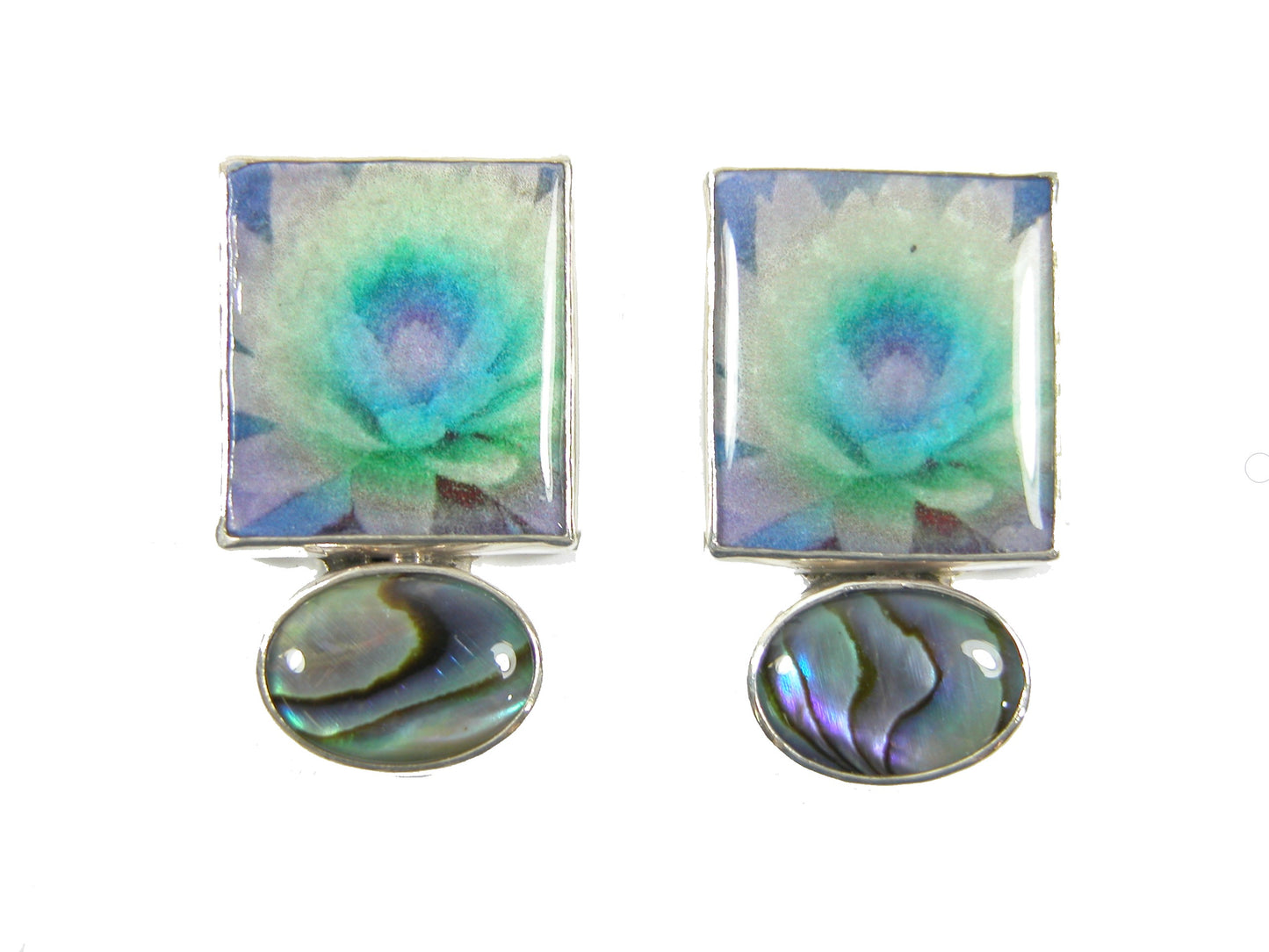 29869 Handmade Lotus Tile with Abalone on Sterling Silver Earring