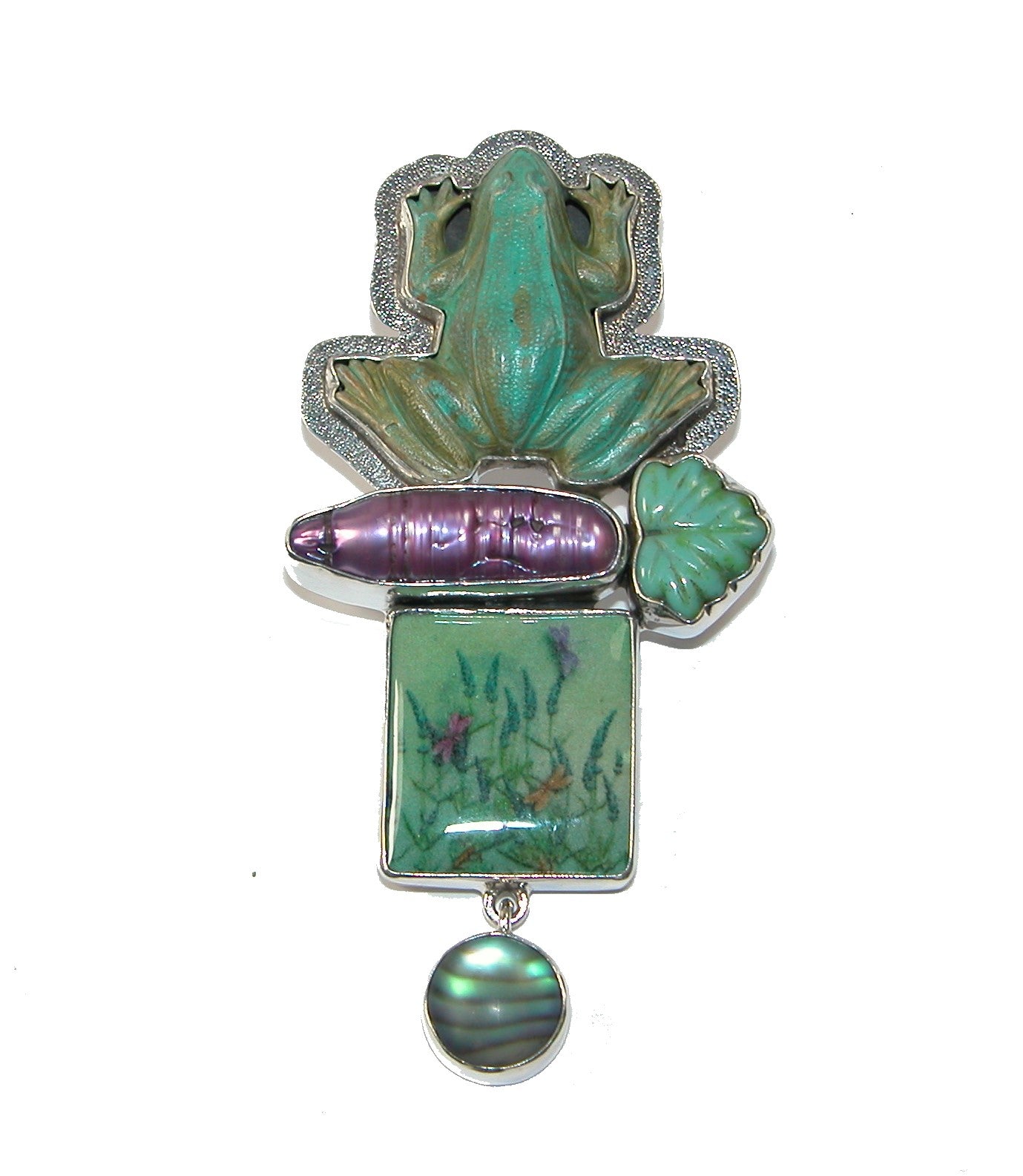 29879 Handmade Tile Abalone Freshwater Pearl Frog Sterling Silver Pin and Pendant