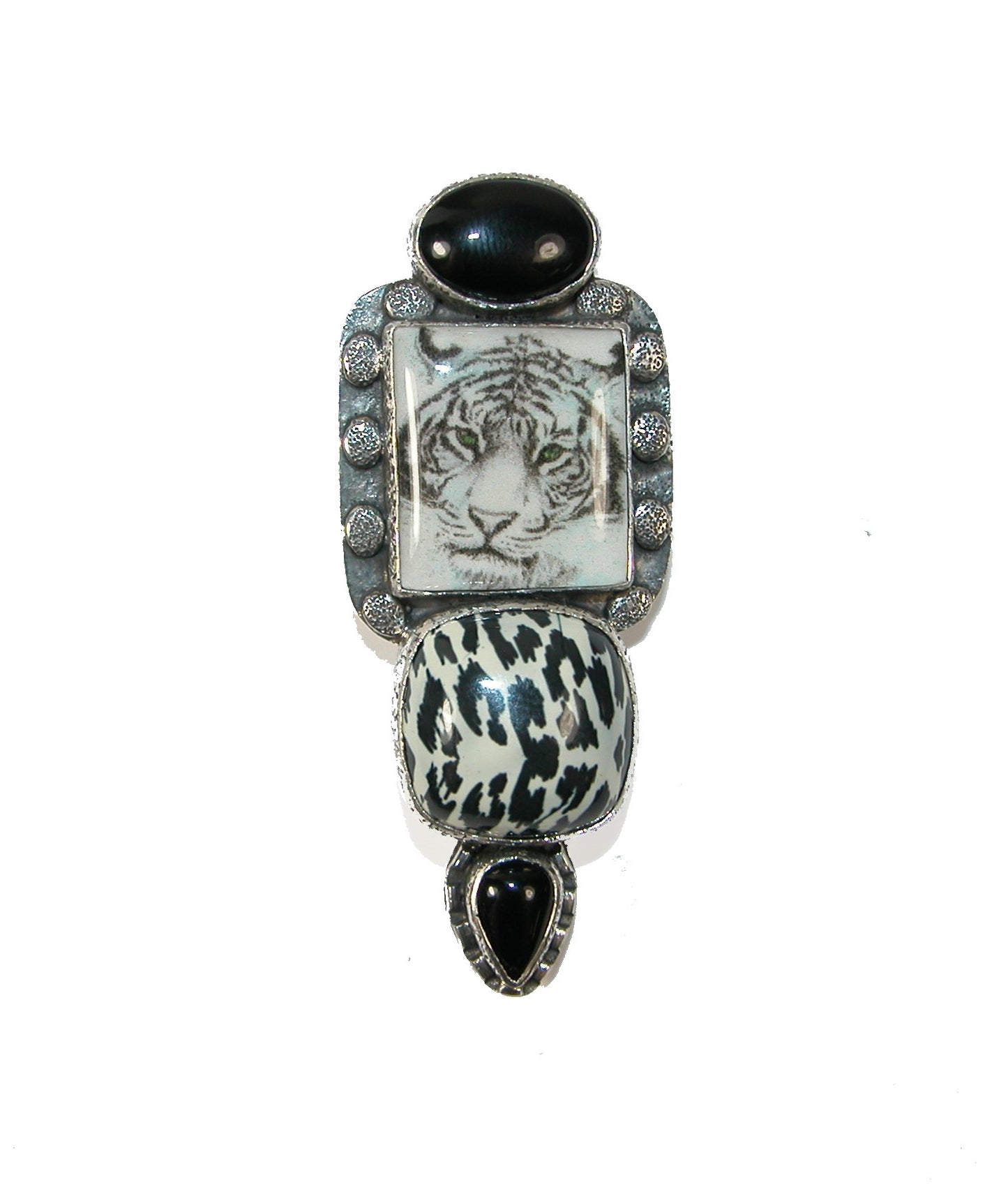29881 Hand Made Tile, Black Onyx, Enamel Quartz, Sterling Silver Pin and Pendant