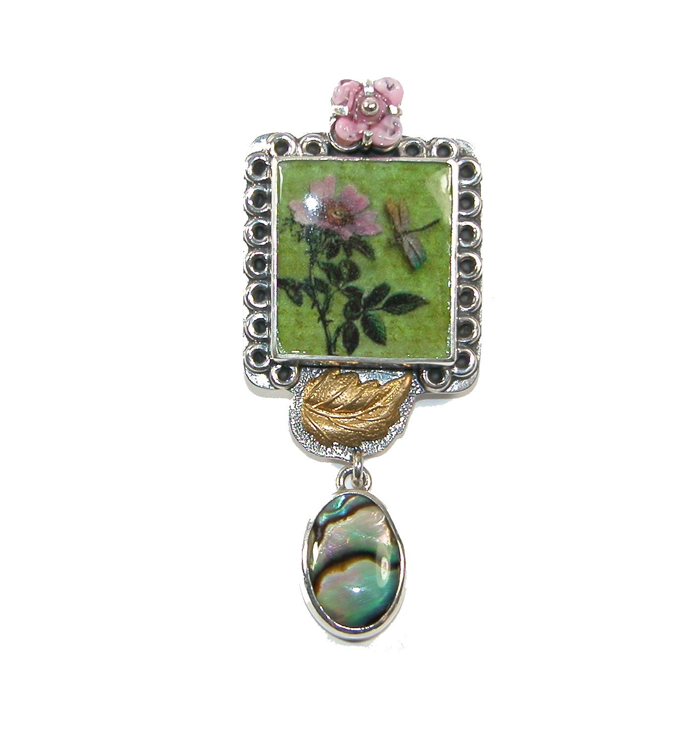 Handmade Glass Flower and Tile with Abalone Pin Pendant
