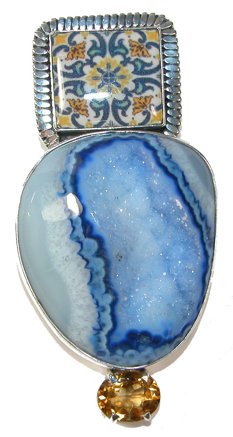 Handmade Tile Agate Drusy Faceted Citrine Sterling Silver Pin Pendant