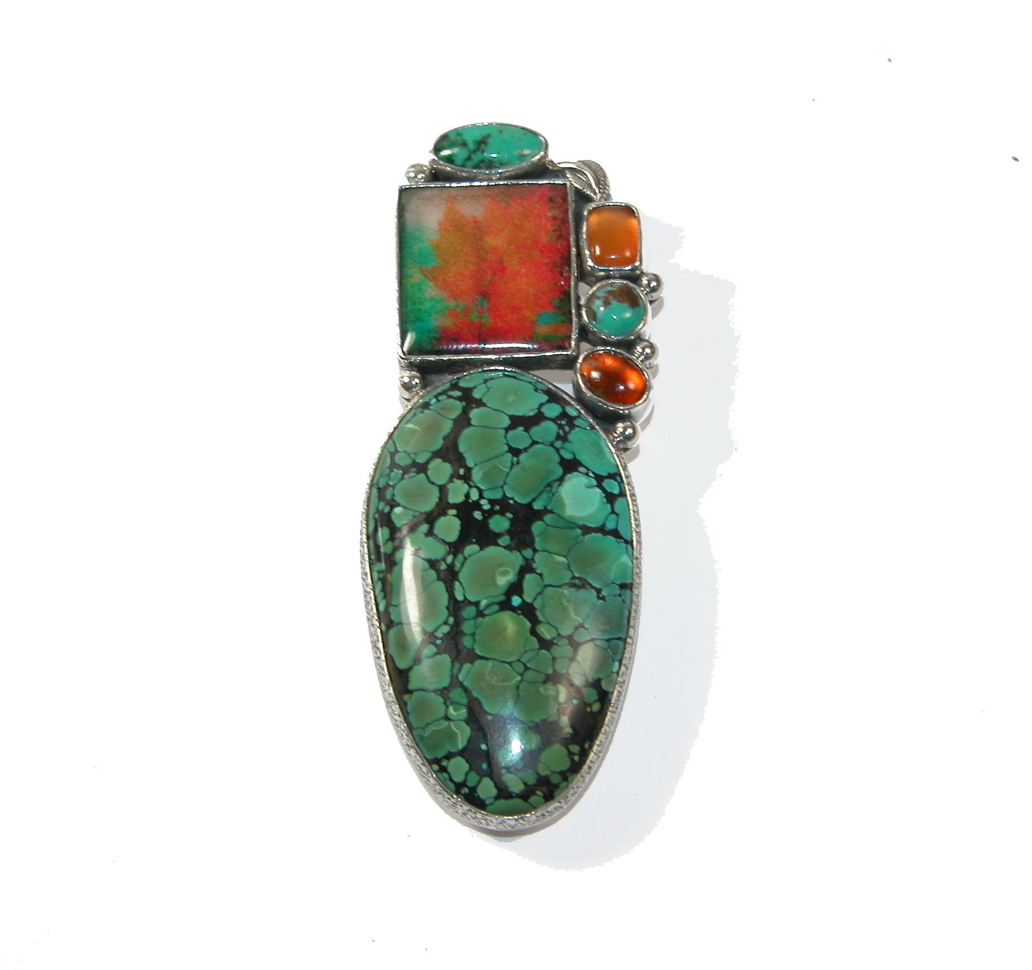 Handmade Tile Turquoise Amber Sterling Silver Pin Pendant