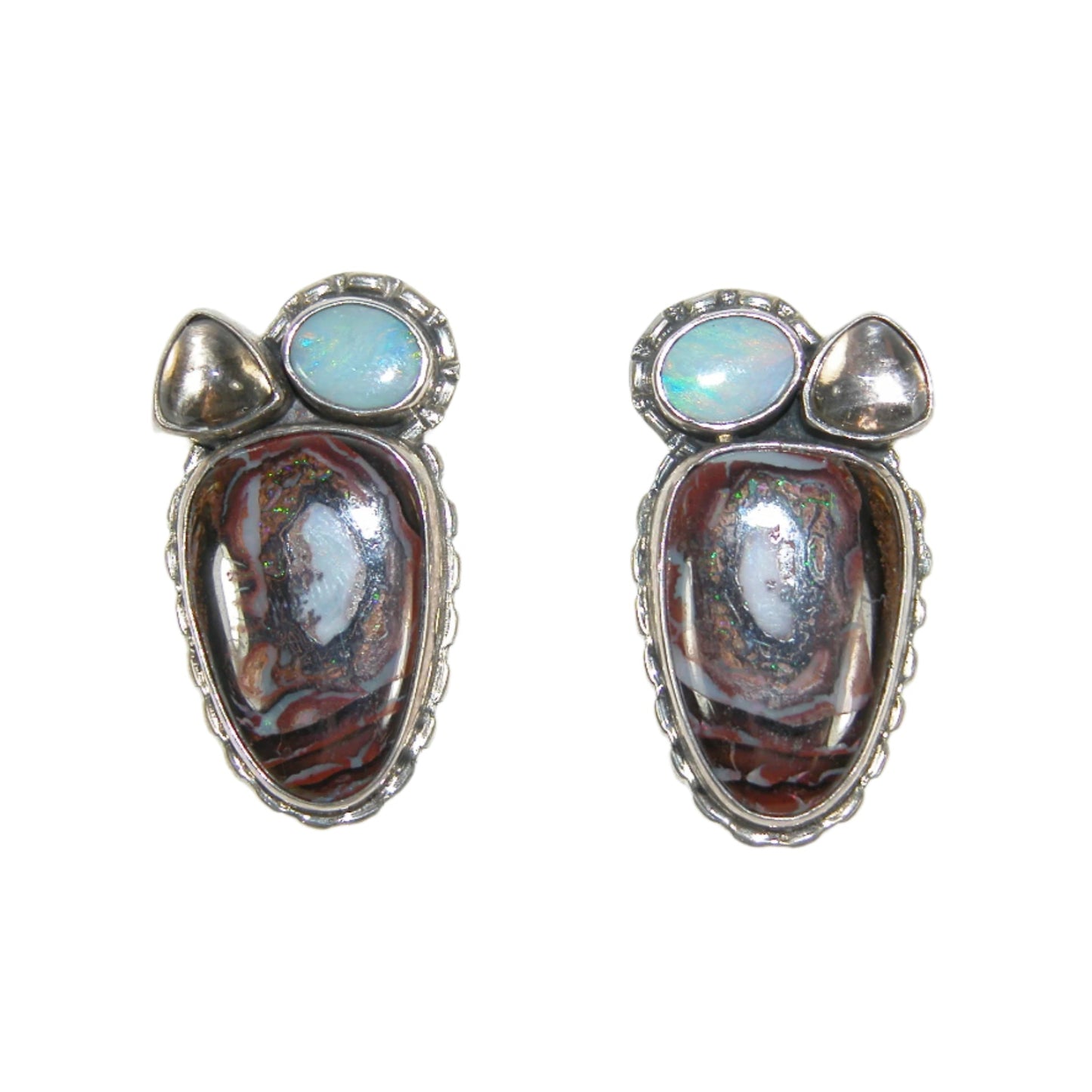 Boulder Opal, Smokey Quartz Sterling Silver Earrings