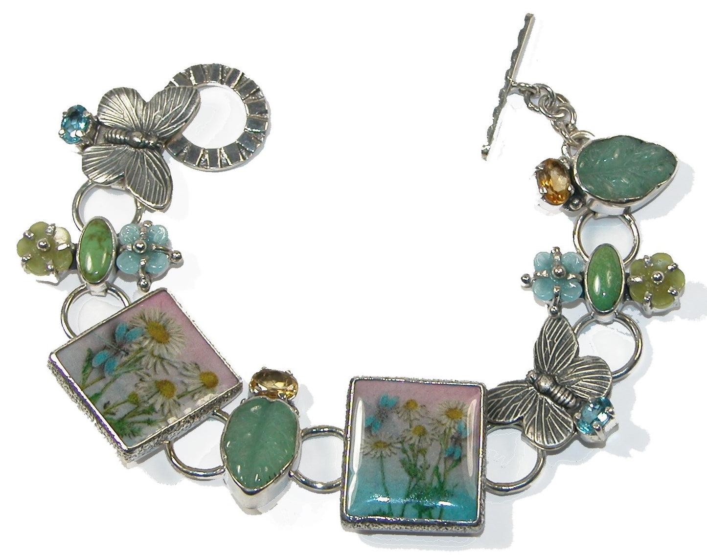 Handmade Tile Citrine Blue Topaz Butterfly Daisy Sterling Silver Toggle Bracelet