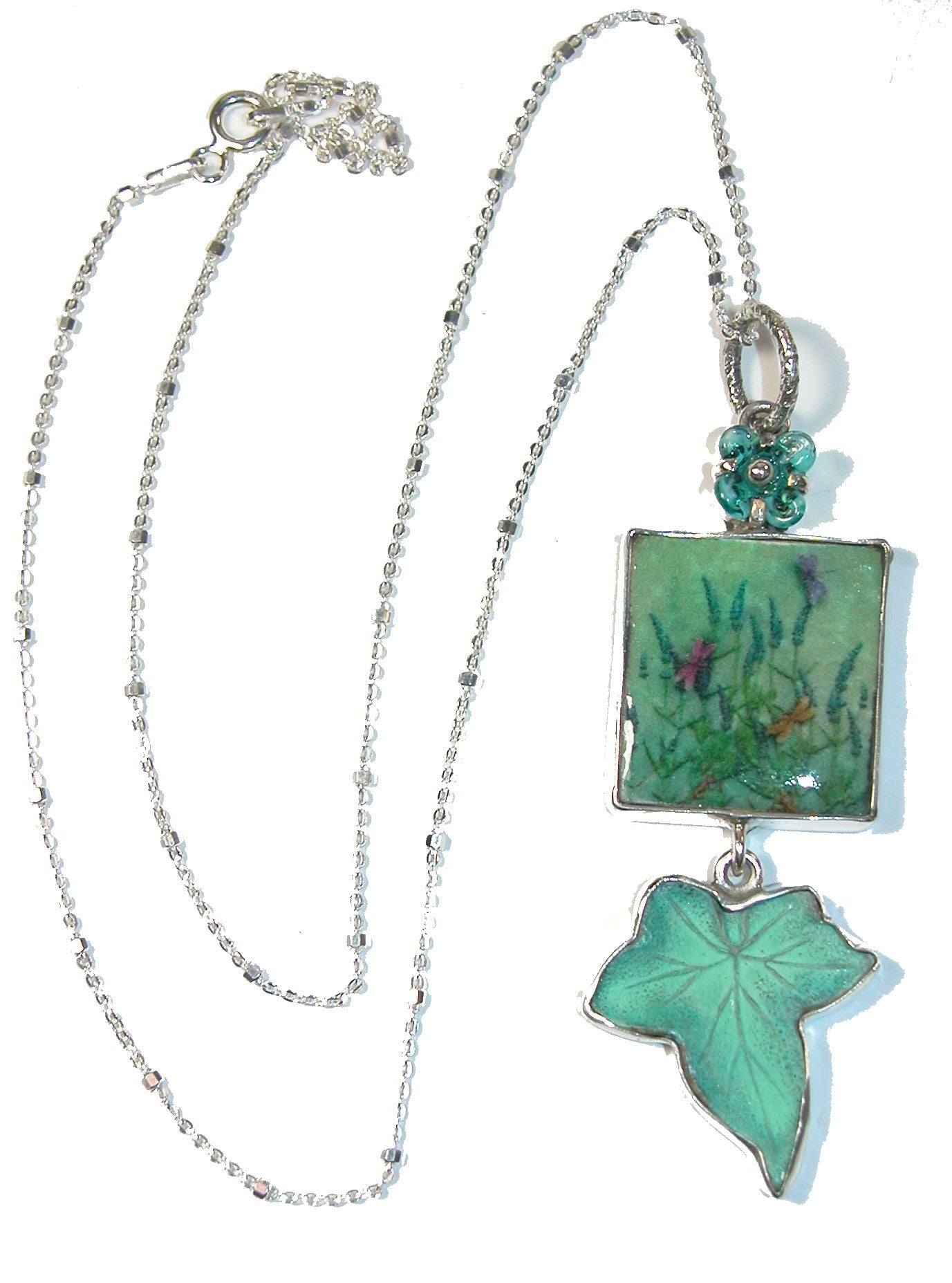 29958 Hand Painted Teal Leaf and Flower Tile Sterling Silver Necklace
