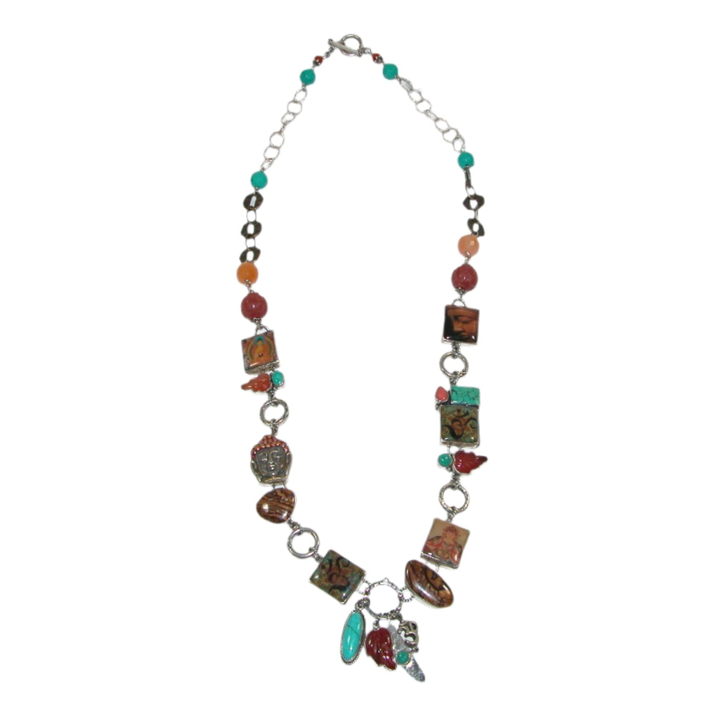 Handmade Tile with Carnelian Turquoise Coral Boulder Opal Sterling Silver Necklace