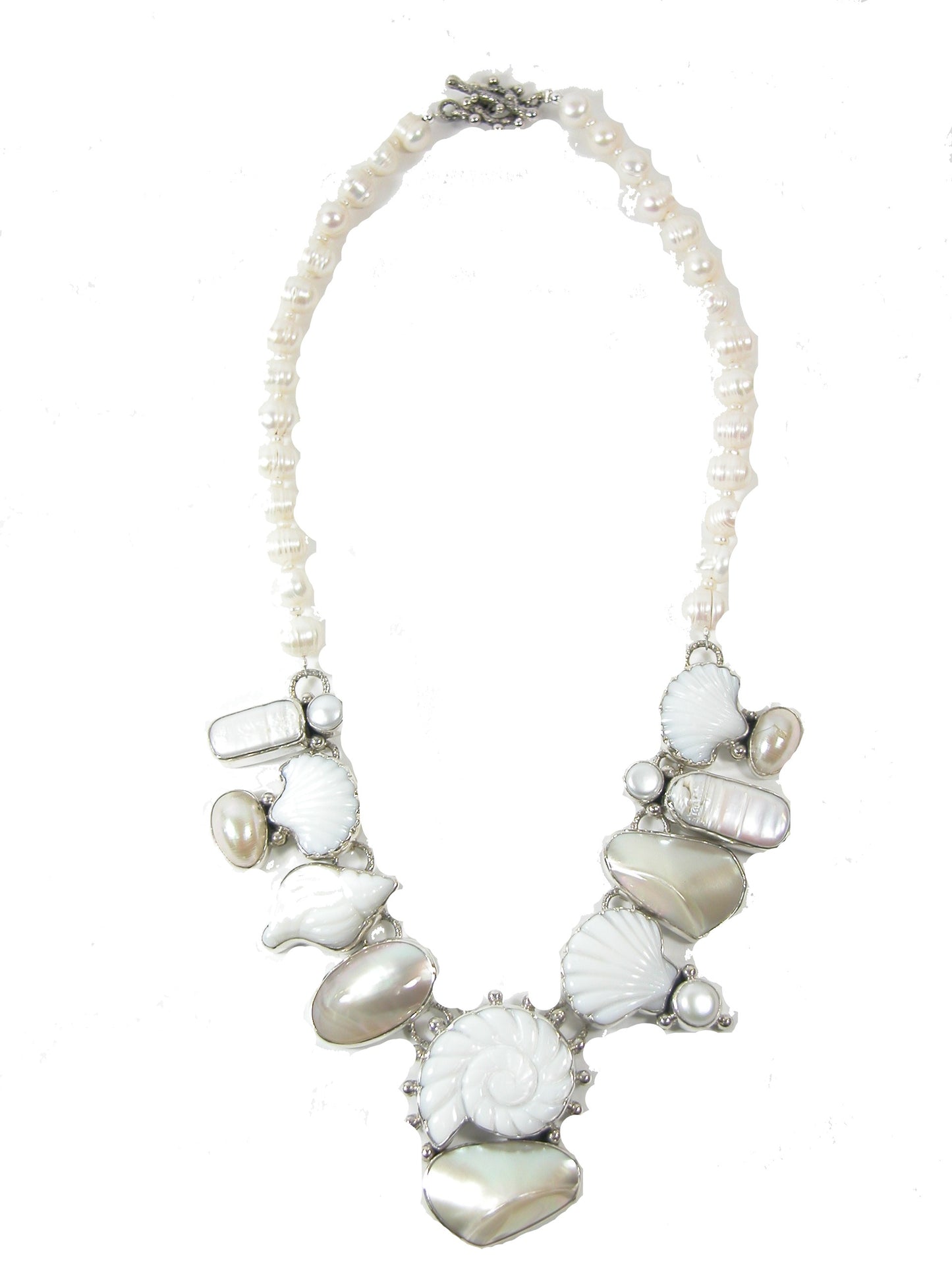 Freshwater Pearl Carved Mother of Pearl Seashells Sterling Silver Necklace