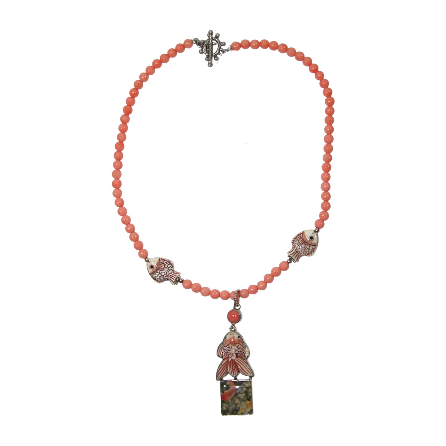 29982 Coral, Hand Carved Scrimshaw, Handmade Tile Sterling Silver Beaded Necklace