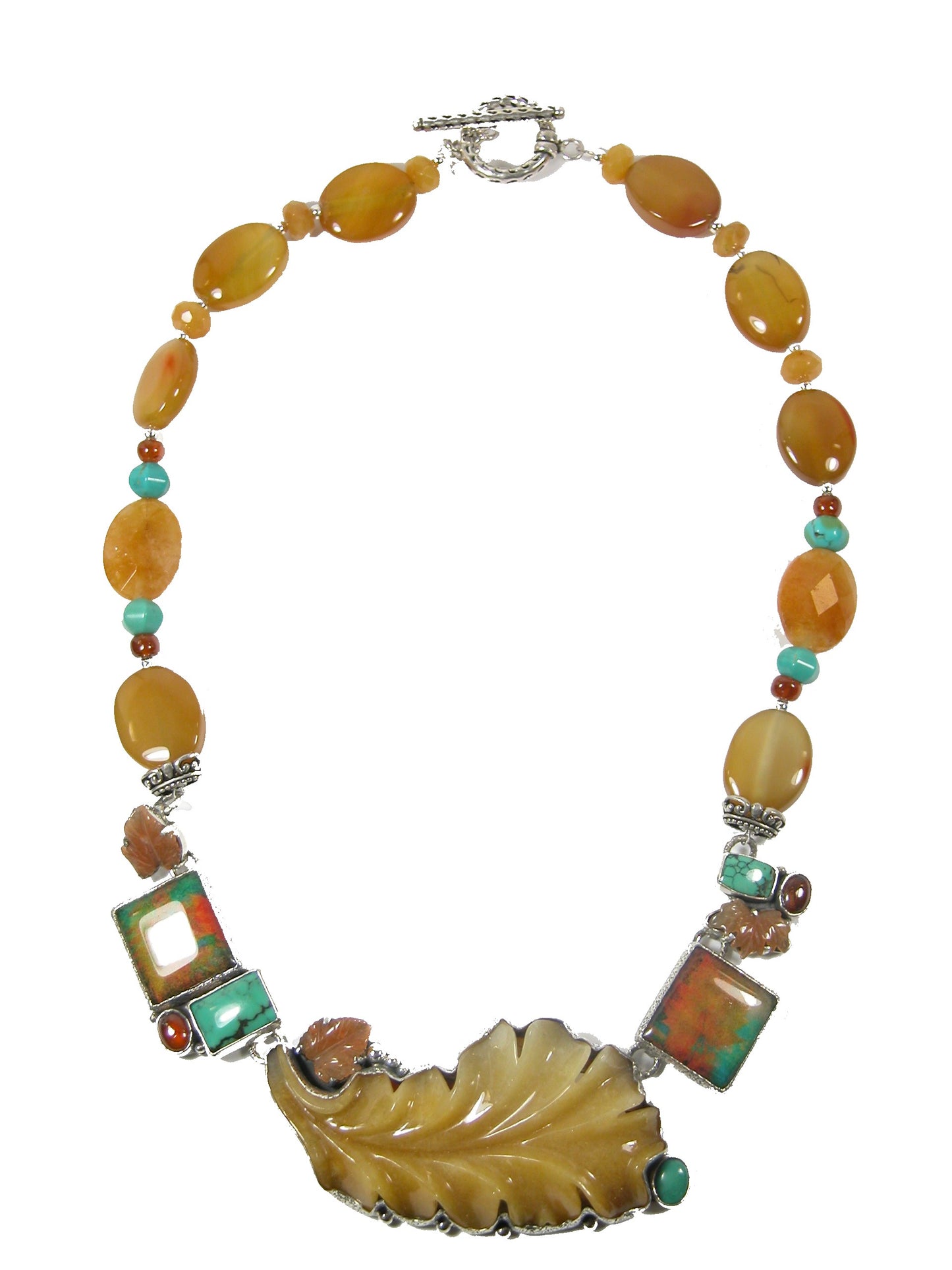 29983 Carved Aventurine with Turquoise and Handmade Tile Necklace