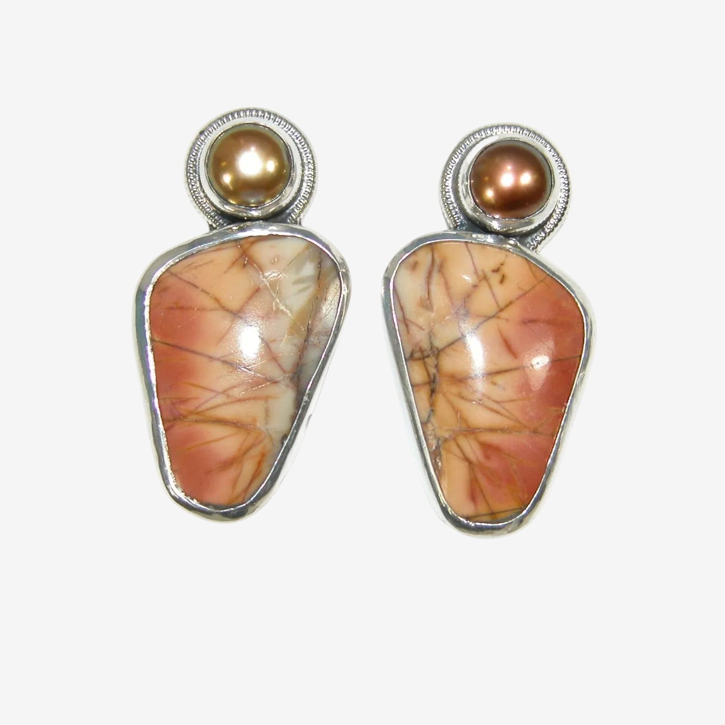 34138A Freshwater Pearl, Cherry Creek Jasper Sterling Silver Earrings