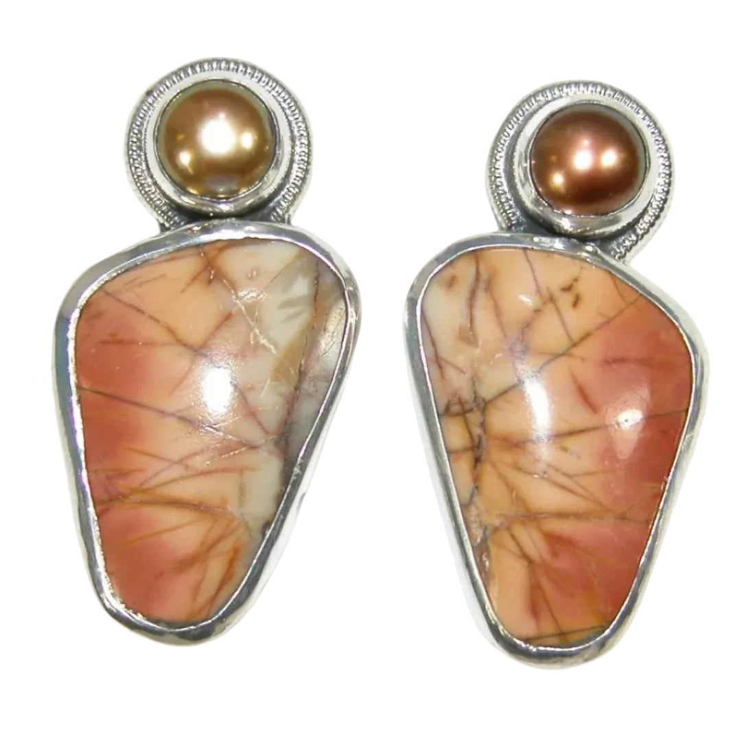 34138A Freshwater Pearl, Cherry Creek Jasper Sterling Silver Earrings