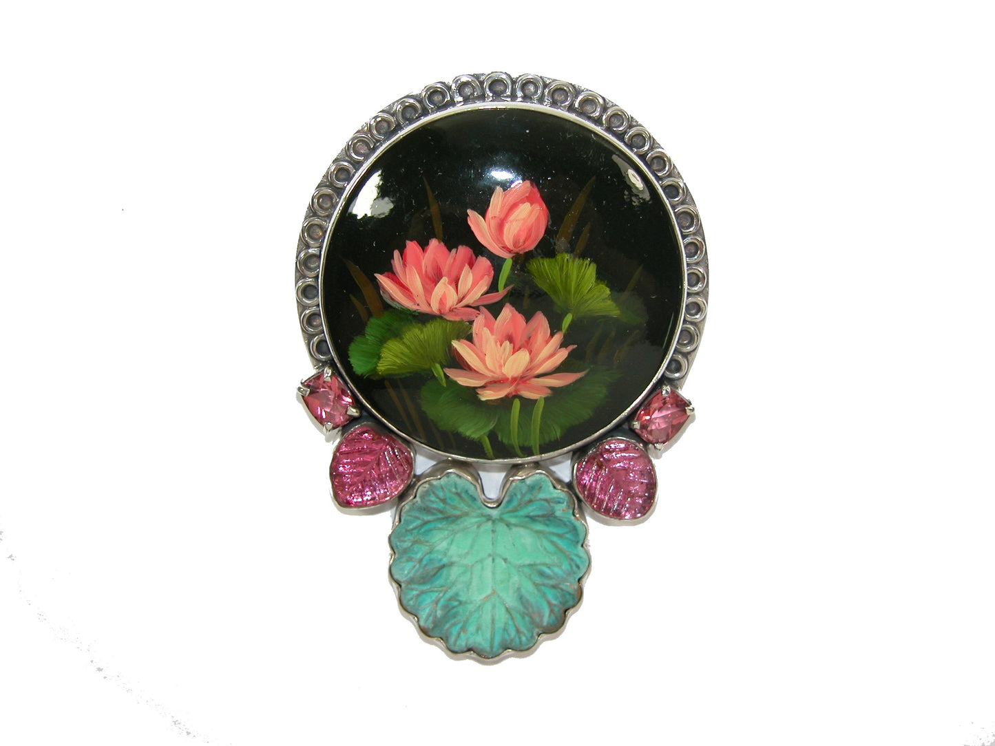 Hand painted flowers with Vintage Glass Pin and Pendant