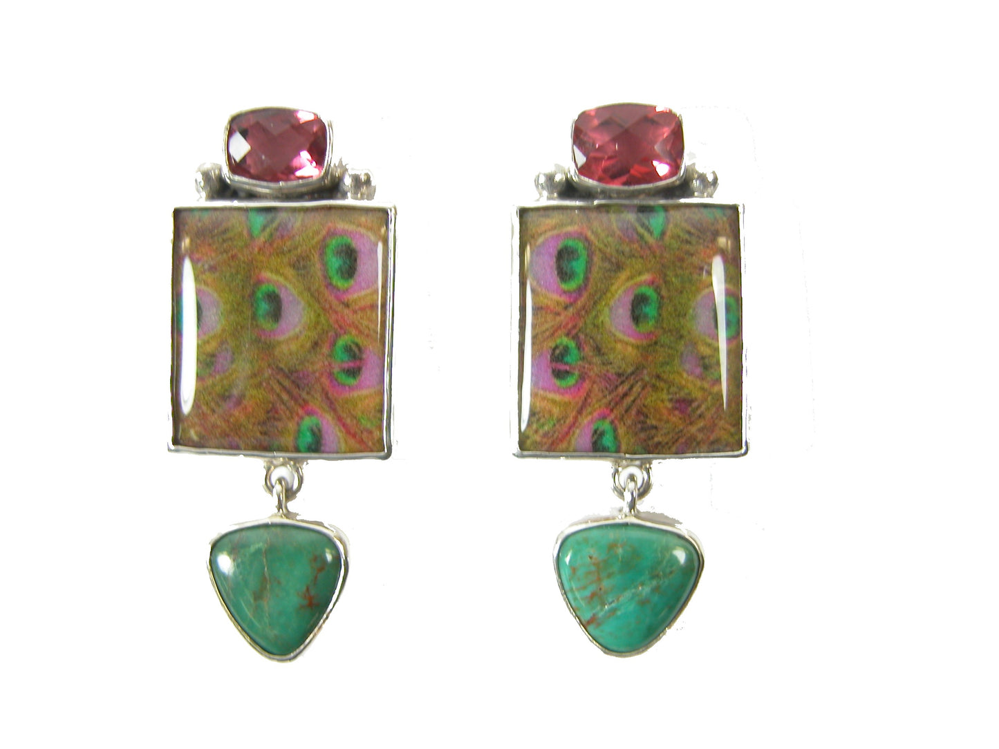 Hand Made Peacock Feather Tile Turquoise Sterling Silver Earring