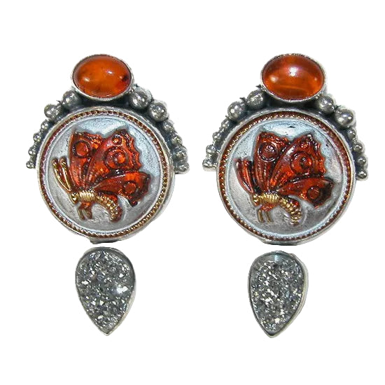 30026 Hessonite, Titanium Clad Druzy, Vintage Czech Glass, Sterling Silver Earrings