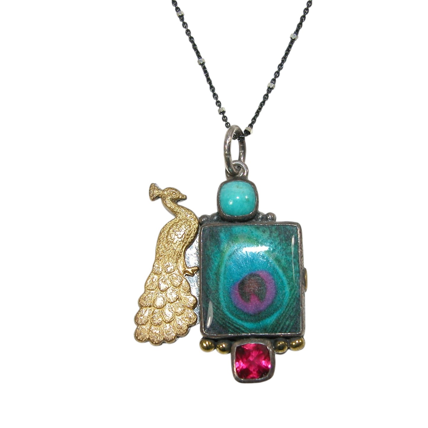 30049A Handmade Peacock Tile Amazonite Sterling Silver Necklace