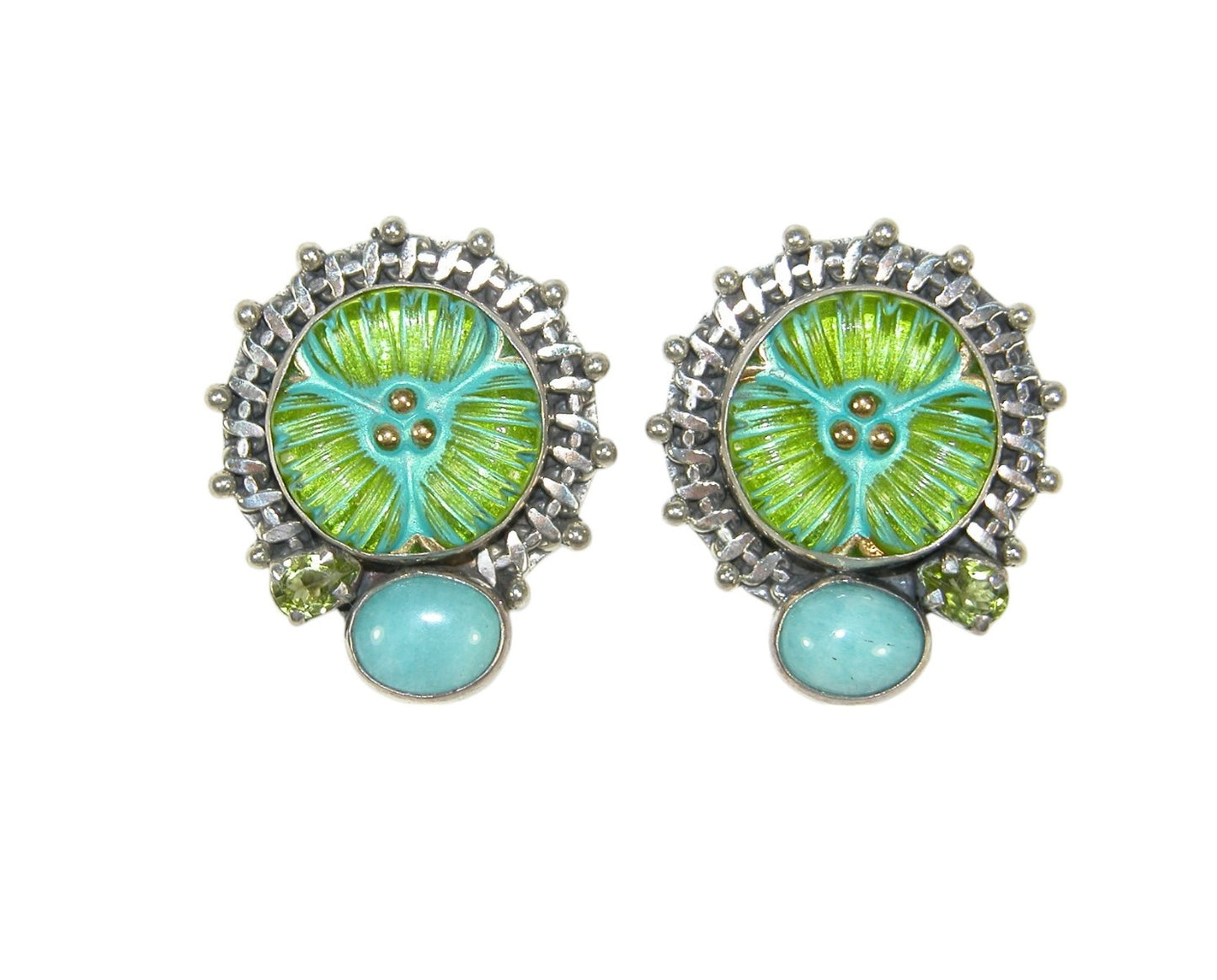 Green and Blue Czech Glass Button with Amazonite Earrings