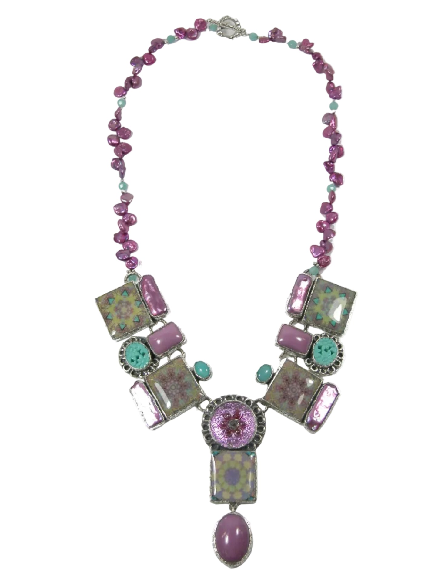 30079-Handmade Tile, Freshwater Pearl, Phosphosiderite, Turquoise, Sterling Silver, Vintage Necklace
