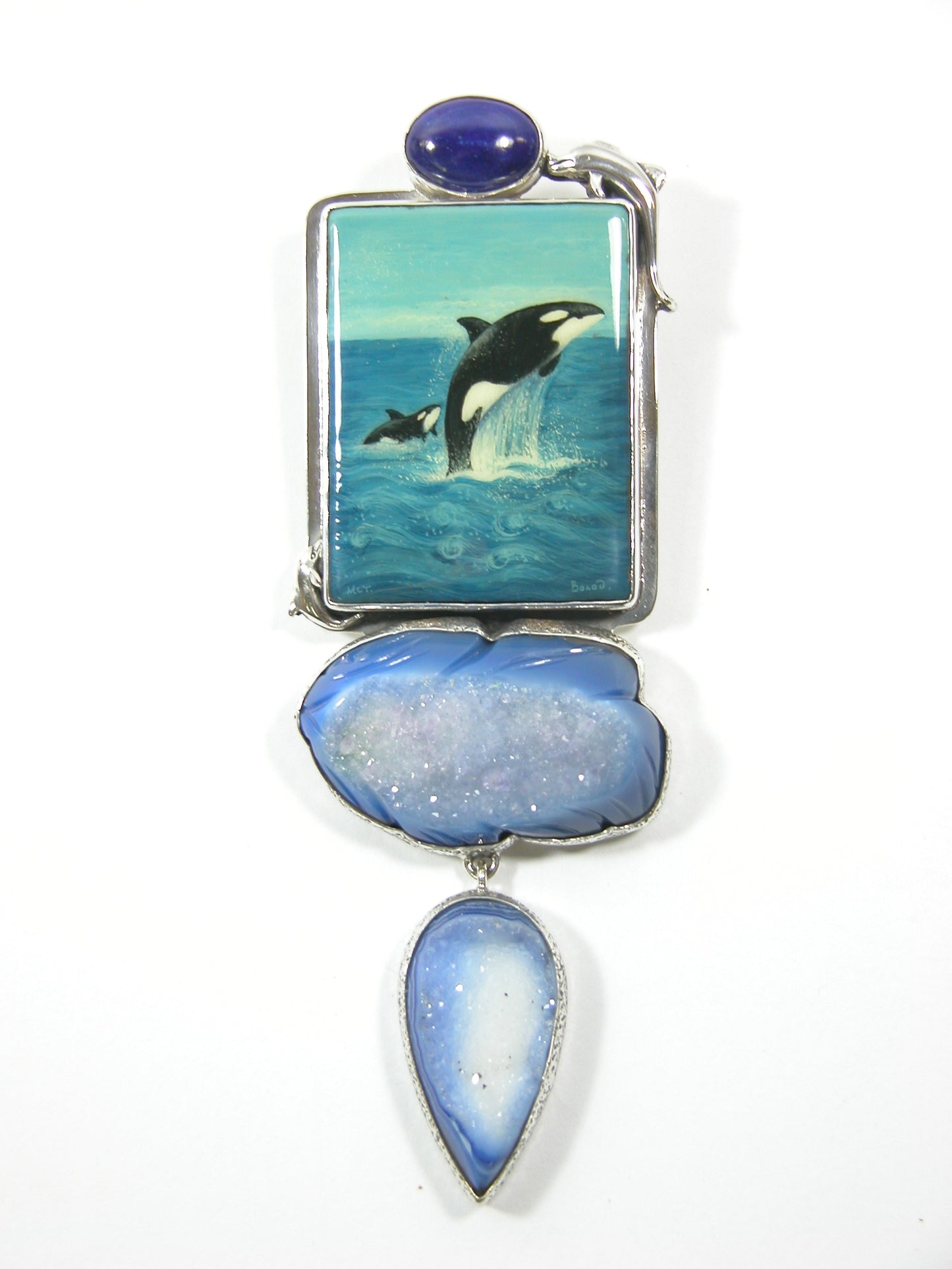 Hand Painted Whale Lapis Drusy Sterling Silver Pin Pendant