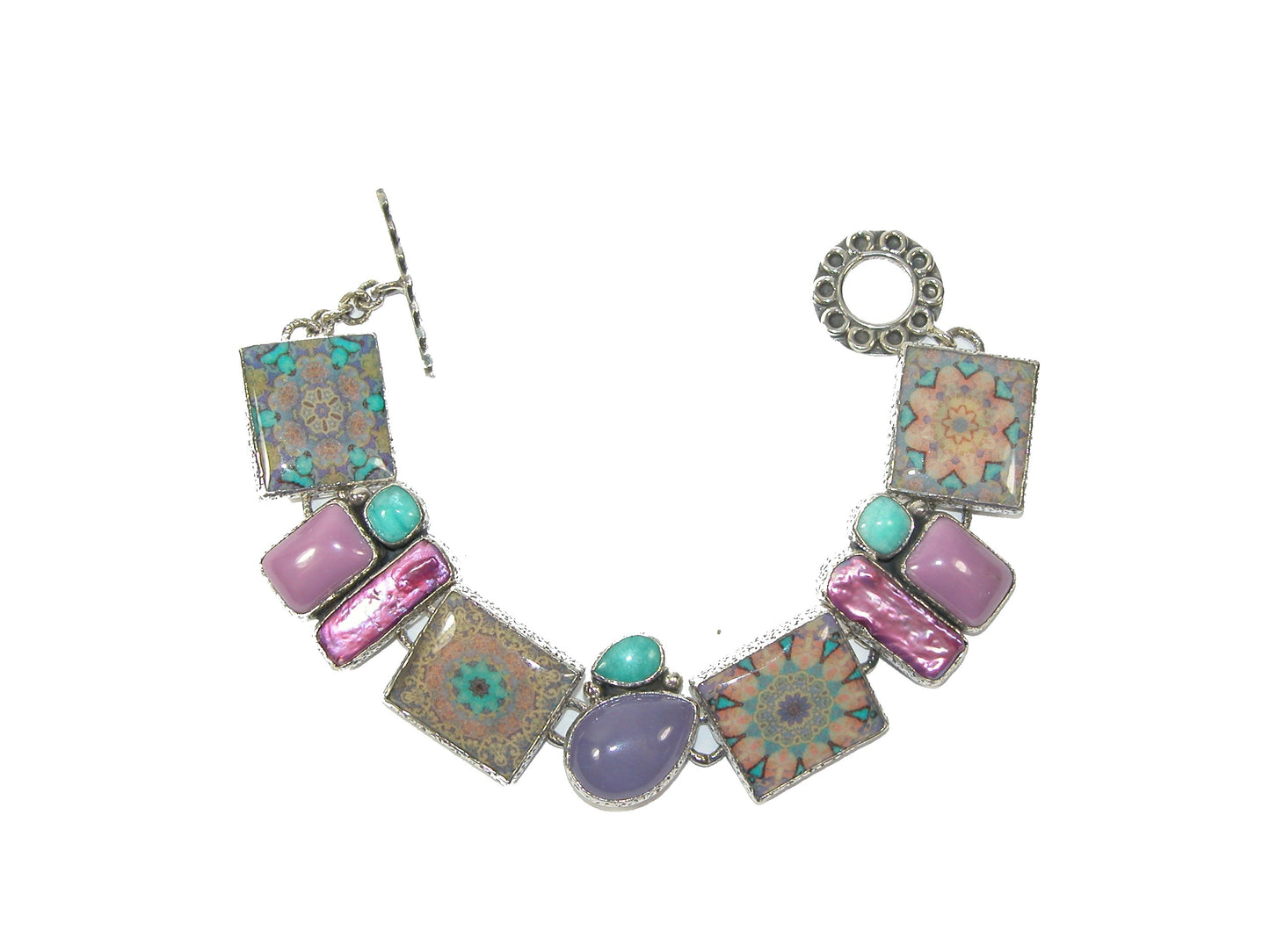 Amazonite, Phosphosiderite, Freshwater Pearl, Purple Quartz Tile Sterling Silver Bracelet