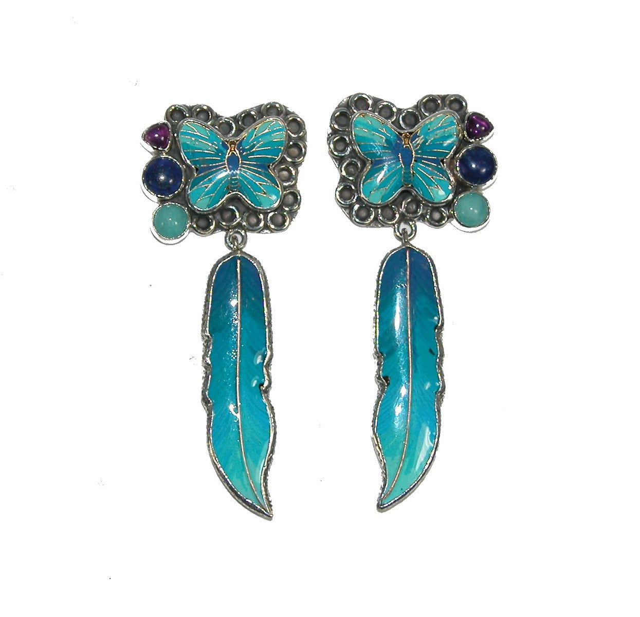 Hand Enameled Feather Butterfly Amazonite Lapis Sterling Silver Earrings