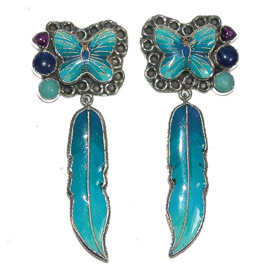 30107 Hand Enameled Feather Butterfly Lapis Sterling Silver Earrings
