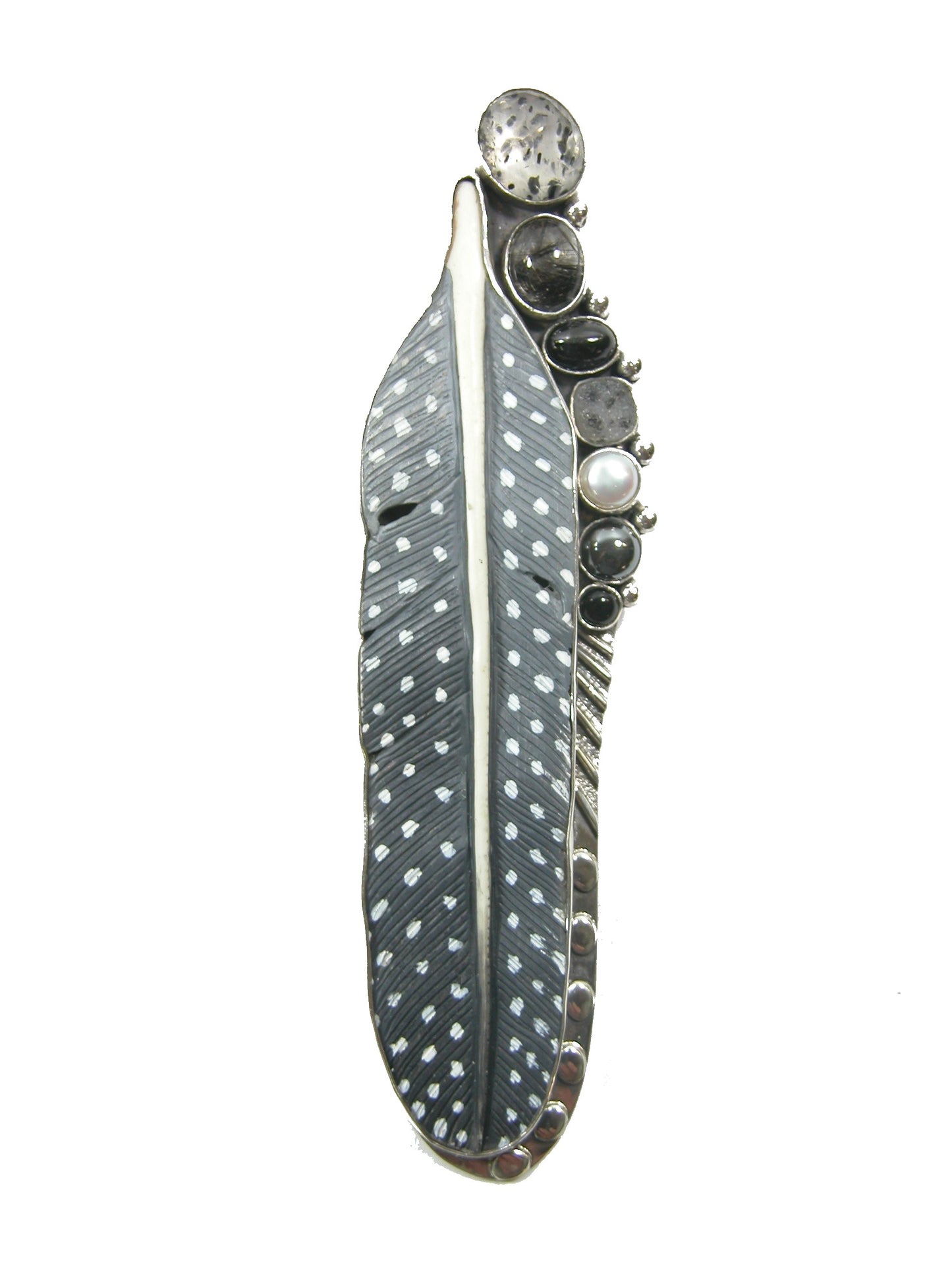 Hand carved Feather on a Bone with Tourmalated Quartz Pin Pendant