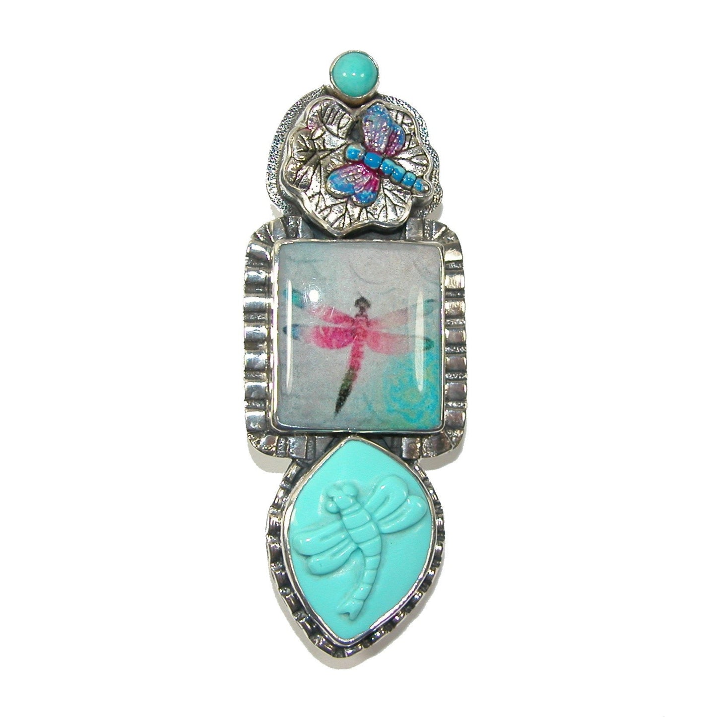 30145 Dragonfly Tile Enameled Carved Sterling Silver Pin and Pendant